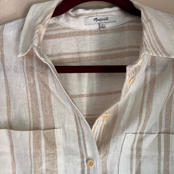 Madewell :: Short Sleeve Safari Shirt :: Size Small :: White and Brown Stripe - Picture 5 of 9